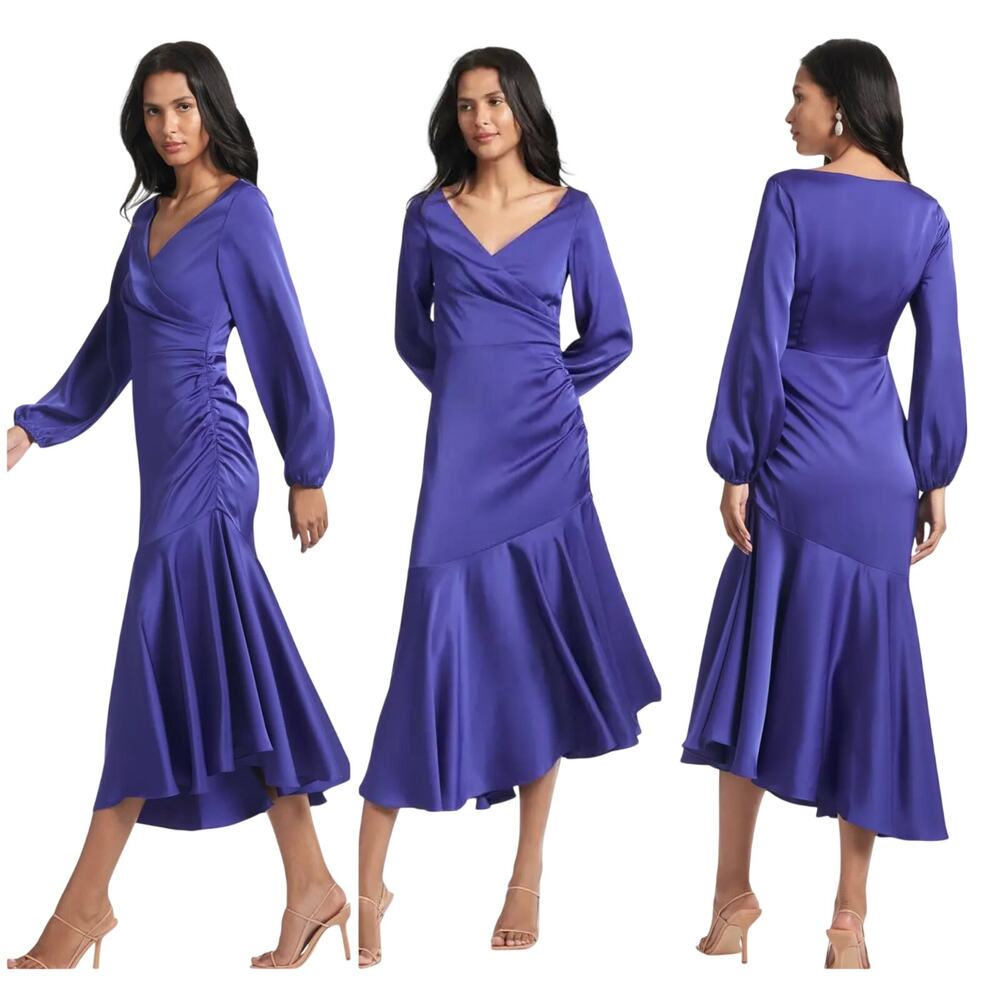 Sachin & Babi NWT Benedetta Dress Satin Long Sleeve Ruched Spectrum Blue Size 10